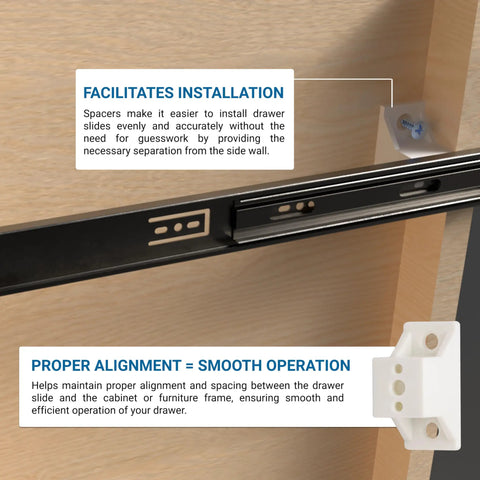 Image of White Plastic Cabinet Drawer Slide Side Spacers With Screws One And Half Inch For Kitchen Cupboards ensuring smooth alignment.