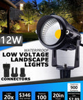 Low Voltage 12W LED Landscape Lights Set 12V Outdoor Waterproof Garden Pathway Lights with Spike Stands, super bright 900 lumens