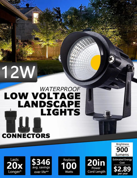 Low Voltage 12W LED Landscape Lights Set 12V Outdoor Waterproof Garden Pathway Lights with Spike Stands, super bright 900 lumens