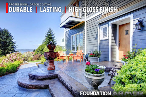 Premium Solvent Based Acrylic High Gloss Color Enhancing Concrete Sealer For Raw Slabs And Outdoor Pavers on a patio with flowers.