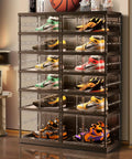 Six Tier Foldable Shoe Rack For Closet Holds 12 To 24 Pairs With Doors And Plastic Stackable Boxes for garage storage