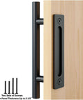 Heavy Duty 12 Inch Pull And Flush Barn Door Handle Set on wood door with matte black finish and ultra-thin backplate, hardware screws shown