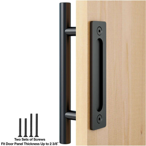 Heavy Duty 12 Inch Pull And Flush Barn Door Handle Set on wood door with matte black finish and ultra-thin backplate, hardware screws shown