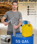 Man using lever action barrel pump on 55 gallon drum with yellow container, showcasing 55 Gallon Drum Pump Built To Last And Works Like A Champ