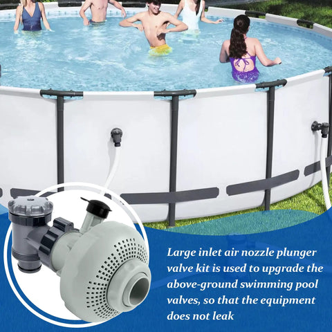 Pool Plunger Valve 12355 With Strainer for above-ground pool next to swimming pool, large inlet air nozzle visible