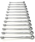12 Piece Metric XL X-Beam Ratcheting Wrench Set, 12 Point Design, Longer Beams for Extra Reach displayed in a row