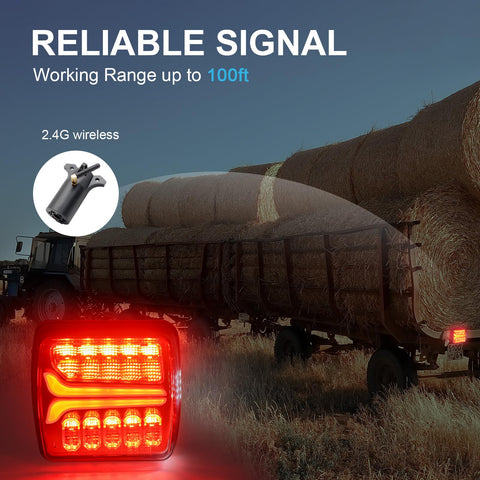 Wireless trailer tail light with magnetic mount; red LED housing, inset shows 2.4G wireless module