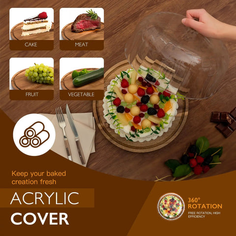 Heavy Duty Acacia Wood Cake Stand With Lid And Rotating Lazy Susan Tray featuring a cake and fresh fruits displayed.