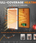 Heated Fog-Free LED Shower Mirror with heating element, temperature graph, and fog-free demonstration on wet surface, black.