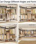 Space Saving Expandable Wall Mounted Closet System With Telescoping Shelves And Adjustable Rods, Industrial Pipe Wardrobe Rack For Walk-In And Reach-In Closets, 5.7 To 8.2 Ft, Black Finish, shown in various configurations.