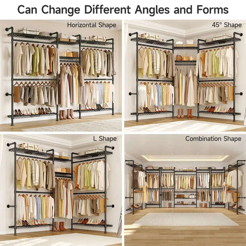 Space Saving Expandable Wall Mounted Closet System With Telescoping Shelves And Adjustable Rods, Industrial Pipe Wardrobe Rack For Walk-In And Reach-In Closets, 5.7 To 8.2 Ft, Black Finish, shown in various configurations.