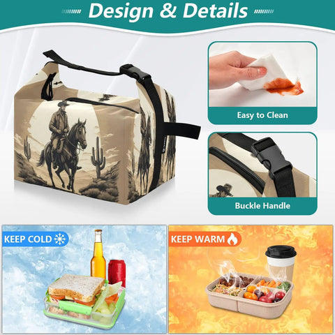 Big Capacity Insulated Lunch Bag For Work And Travel Keeps Food Fresh For Hours Leakproof Reusable Lunch Tote With Cowboy Hat Vibe