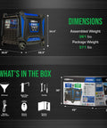 Dimensions and box contents of Dual Fuel 16,000 Watt Portable Inverter Generator for Power On The Go with Gas and Propane