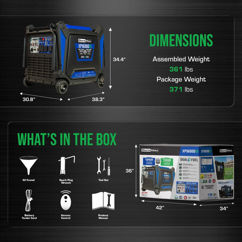 Dimensions and box contents of Dual Fuel 16,000 Watt Portable Inverter Generator for Power On The Go with Gas and Propane