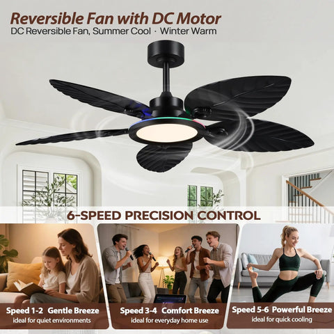 RGB Tropical Outdoor Palm Leaf Ceiling Fans with Light,52”Black Flush Mount with DC motor and light, 6-speed control and leaf design.