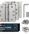 Built Tough Heavy Duty Satin Steel Door Hinges 4.5 Inch Self Closing Adjustable Spring Hardware Commercial Grade Three Pack with screws.