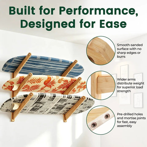 Solid 3 Tier Bamboo Surfboard Rack for Wall Mount or Floor Stand displaying three surfboards with sturdy bamboo supports.