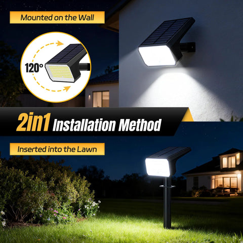 Outdoor Solar Spot Lights With 118 LED IP67 Weatherproof Landscape Pathway Lights Auto On Off 4 Modes White Finish installation options
