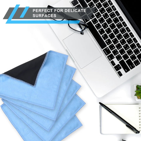 Eco-Fused microfiber cleaning cloths, 5-pack, blue double-sided microfiber and suede, overhead view