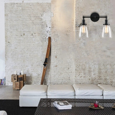 Living room with Two Light Swing Direction Wall Sconce With Switch And 5.6 Inch Bell Glass Shade Vintage Industrial Double Head Wall Light 180 Degree Adjustable Black Finish E26 Compatible Bulbs
