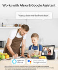 Man and child in kitchen viewing Dual Camera 2K HDR WiFi Video Doorbell With No Monthly Fees And Local Storage on smart display