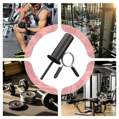 Adjustable Gym Weight Pin With Spring Clip Collar for 2 Inch Barbell Plates Easy Insertion Secure Lock shown in a gym setting.