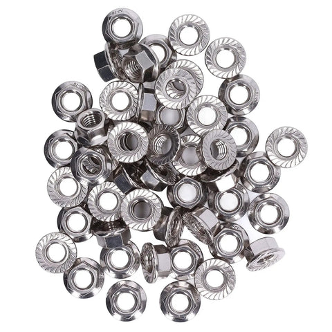 Fifty-Piece Flange Nut Set For Automotive And Machinery, Stainless Steel A2-70 DIN 1587 Locking Nuts scattered view