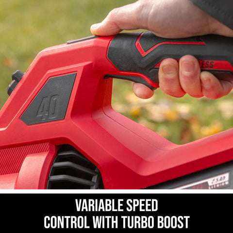 Close-up of Cordless 40V String Trimmer And 460 CFM Leaf Blower Combo Kit handle with variable speed control and turbo boost