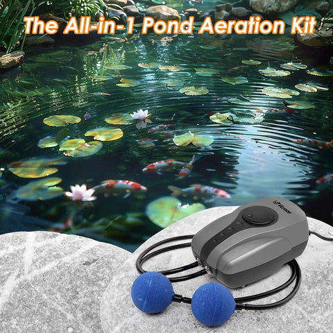 All In One Pond Aerator Kit With Check Valves Air Stones And Airline Tubing For Outdoor Ponds Up To 1000 Gallons No Fuss Easy Setup.