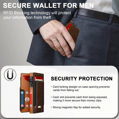 Man using Slim Pop Up Card Holder Wallet For Men With RFID Blocking Aluminum Build No Fuss Quick Eject Card Mechanism