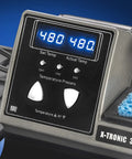 Close-up of Pro Grade 75 Watt Soldering Station Kit with dual LED displays showing 480°F, temperature presets, and sponge holder.