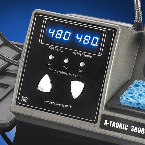 Close-up of Pro Grade 75 Watt Soldering Station Kit with dual LED displays showing 480°F, temperature presets, and sponge holder.