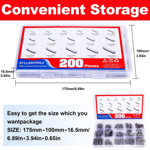 Feather Key Set Kit, 200Pcs Round End Woodruff Key Stock 8mm to 30mm in storage box