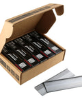 Open box showing 16 Gauge 1-3/4 Inch L-Cleat Nails For Hardwood Flooring Case Of Five Boxes Containing 1,000 Nails Each Total Five Thousand Nails Compatible With All 16 Gauge L-Cleat Flooring Nailers.