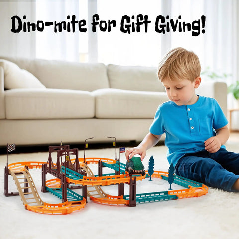 Child playing with Rex Racer Dino Race Track Set With Flexible Track And Motorized Car Totally Cool Kid Friendly STEM Toy.