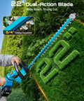 Person using 22 Inch Cordless Hedge Trimmer With Dual Action Blade And 20V Power, Includes 2 Batteries And Charger, trimming hedge