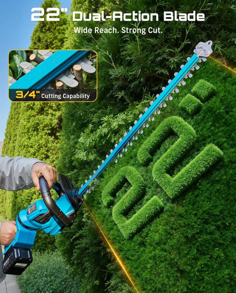Person using 22 Inch Cordless Hedge Trimmer With Dual Action Blade And 20V Power, Includes 2 Batteries And Charger, trimming hedge