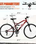 26 Inch Mountain Bike With Dual Suspension For Men Women And Adults, side view showing size parameters, red frame, disc brakes.