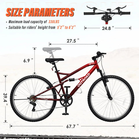 26 Inch Mountain Bike With Dual Suspension For Men Women And Adults, side view showing size parameters, red frame, disc brakes.