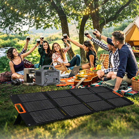 Friends enjoying outdoor picnic with 1000W Portable Power Station With Solar Panel 1024Wh Capacity for home and outdoor use