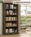 5 Tier Solid Wood Book Shelf Floor Standing Bookcase In Walnut Finish With Arched Base Farmhouse Style 65 Inches Tall 31.5 Inches Wide 11.8 Inches Deep Room Ready For Living Room Or Study And Office