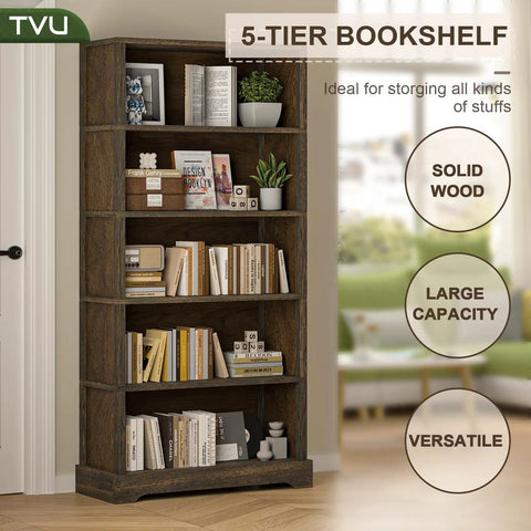 5 Tier Solid Wood Book Shelf Floor Standing Bookcase In Walnut Finish With Arched Base Farmhouse Style 65 Inches Tall 31.5 Inches Wide 11.8 Inches Deep Room Ready For Living Room Or Study And Office