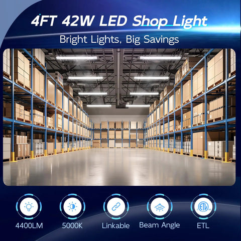 Interior of warehouse with 6 Pack 4ft Linkable LED Shop Light Utility Fixture 4400 Lumens 42W 250 Watt Equivalent Daylight 5000K