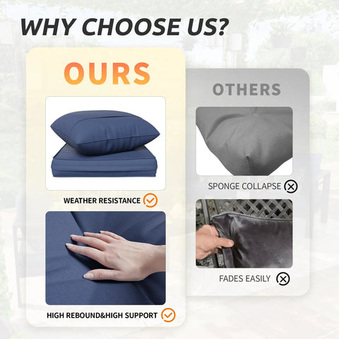 Comparison of outdoor chair cushions, emphasizing waterproof and fade-resistant navy material versus non-durable options.