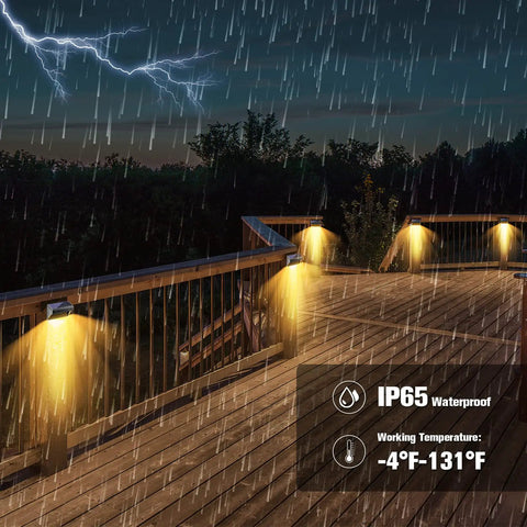 Solar Fence Lights Outdoor Waterproof Wall Lights For Steps And Patio, illuminating a wooden patio in the rain with lightning.