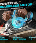 Ecarke cordless circular saw with blue housing and laser guide cutting wood on a workbench; includes 2 blades