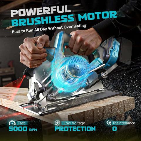 Ecarke cordless circular saw with blue housing and laser guide cutting wood on a workbench; includes 2 blades