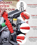 Heavy Duty Coolant Flush Gun Kit With Garden Hose Coupler And Air Line Splitter For Heater Core Backflush and Radiator Cleaning, red plastic trigger handle and adjustable nozzle.