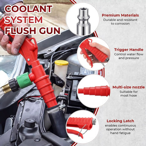 Heavy Duty Coolant Flush Gun Kit With Garden Hose Coupler And Air Line Splitter For Heater Core Backflush and Radiator Cleaning, red plastic trigger handle and adjustable nozzle.