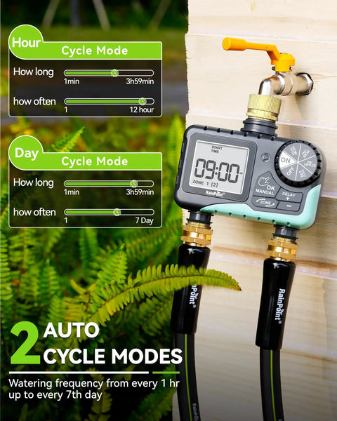 Two Zone Sprinkler Timer With Brass Inlet And Outlet For Garden Hose All In One Watering System With Rain Delay Manual Watering